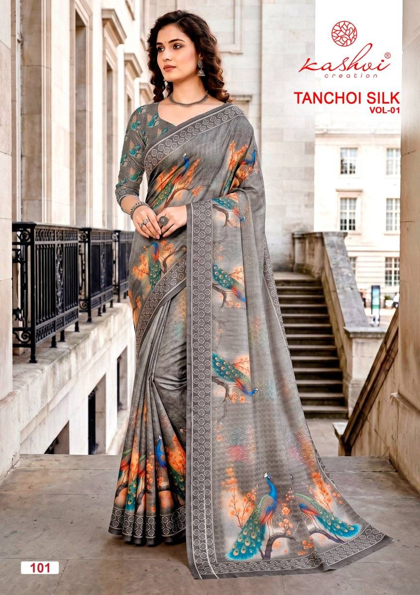  TANCHOI SILK VOL 01 By KASHVI CREATION 101 To 108 Series Indian Traditional Wear DULL MOSS sarees At Wholesale Price